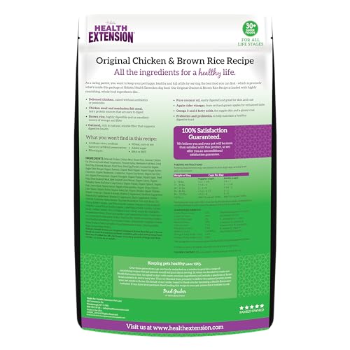Health Extension Original Chicken Brown Rice kibble close-up shows texture aiding digestion and palatability.