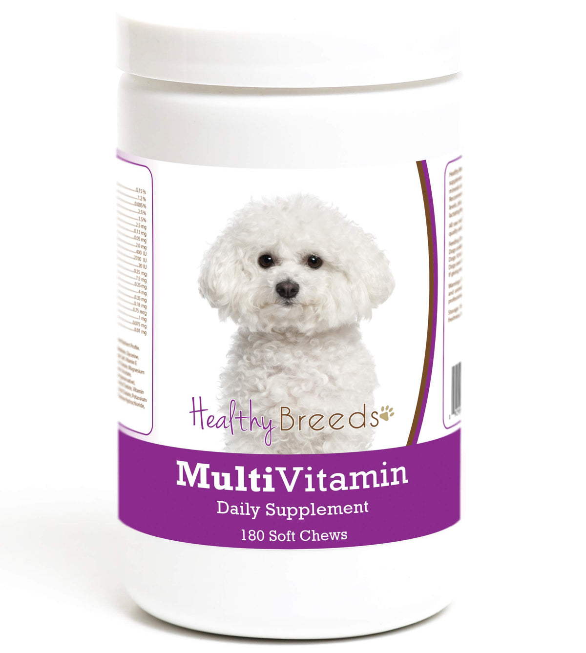 Healthy Breeds bichon-frise multivitamin soft chews bottle highlights daily support for skin, coat, and vitality.