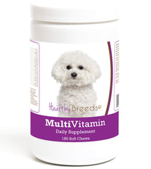 Healthy Breeds bichon-frise multivitamin soft chews bottle highlights daily support for skin, coat, and vitality.