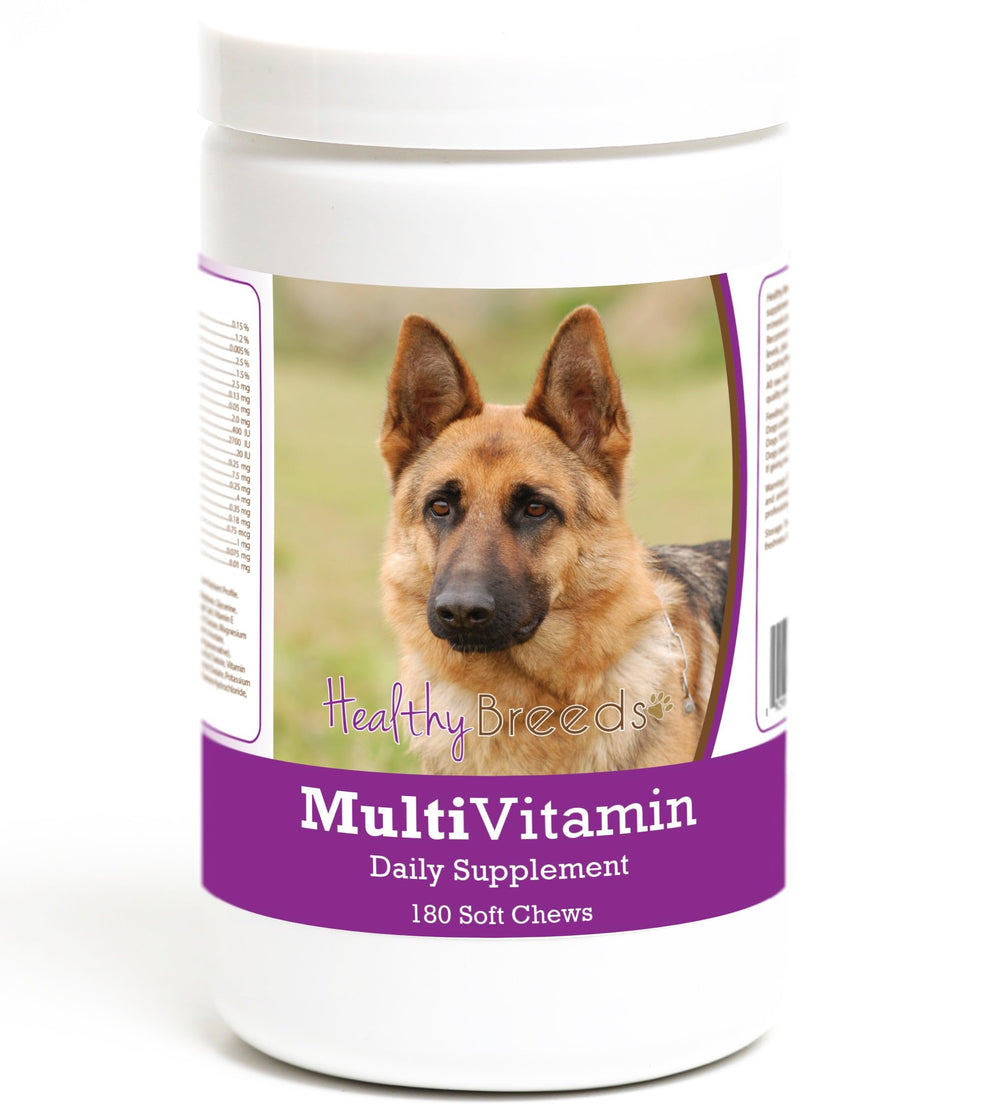 Healthy Breeds German Shepherd Multivitamin Soft Chew bottle showing daily support for skin, coat, and energy.