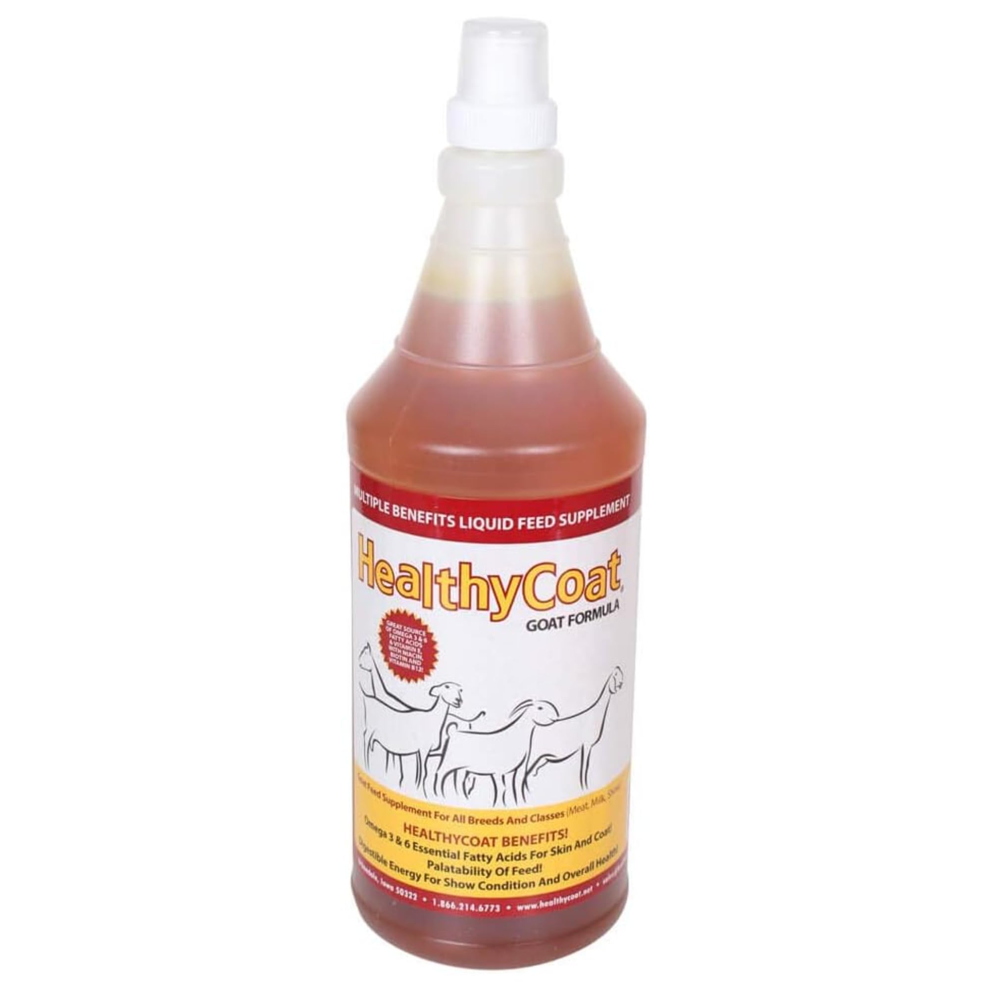 Healthy Coat Goat Formula bottle label highlights omega fatty acids for coat and skin support