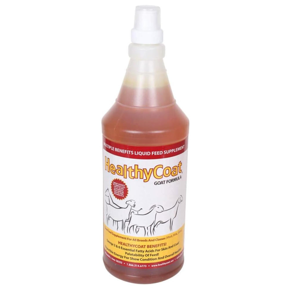 Healthy Coat Goat Formula bottle label highlights omega fatty acids for coat and skin support