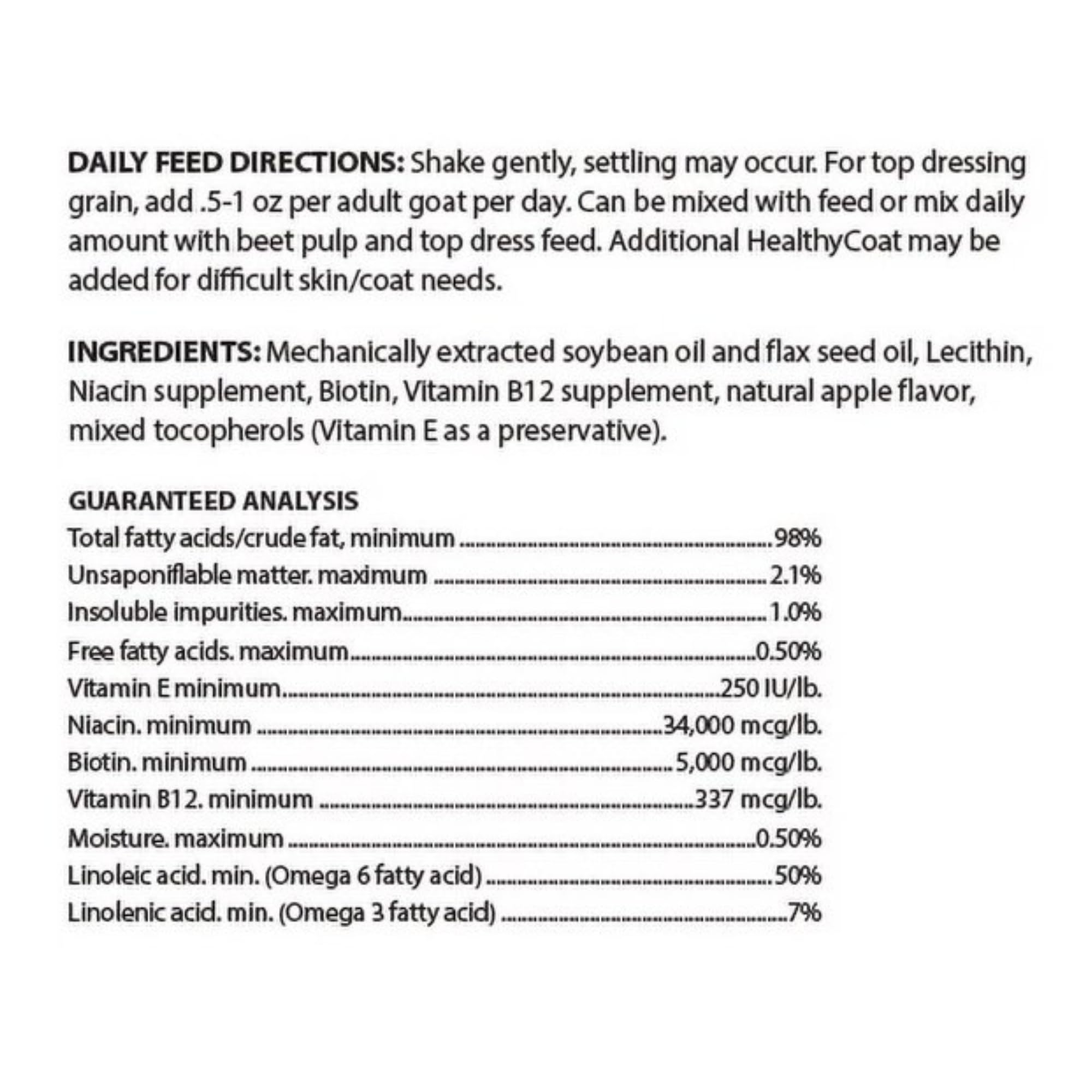 Close-up of Healthy Coat Goat Formula label shows dosage and quart size