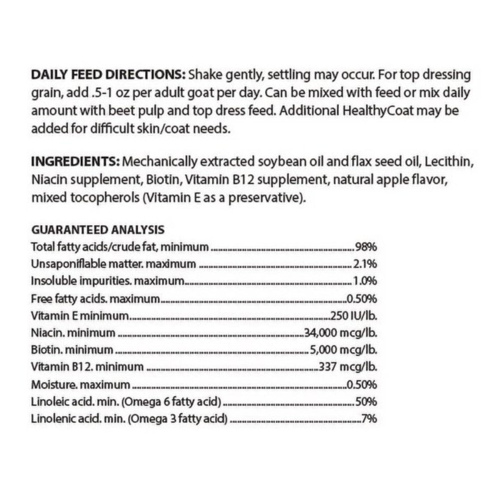 Close-up of Healthy Coat Goat Formula label shows dosage and quart size