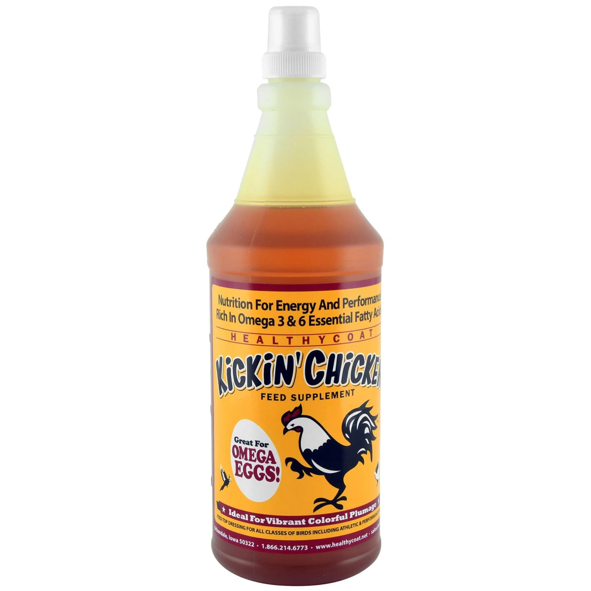 Healthy Coat Kickin Chicken Feed Supplement quart bottle shows plumage-supporting nutrition for healthier feathers.