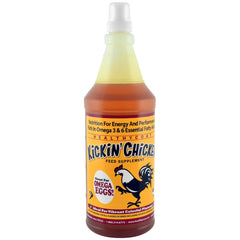 Healthy Coat Kickin Chicken Feed Supplement quart bottle shows plumage-supporting nutrition for healthier feathers.