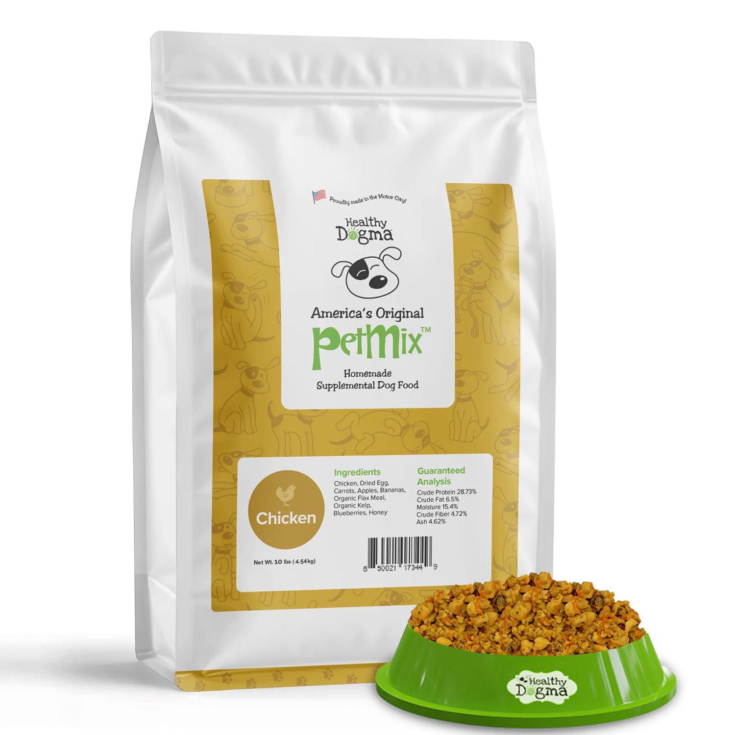 Healthy Dogma PetMix dehydrated chicken dinner in a bowl provides a protein-forward meal for dogs.