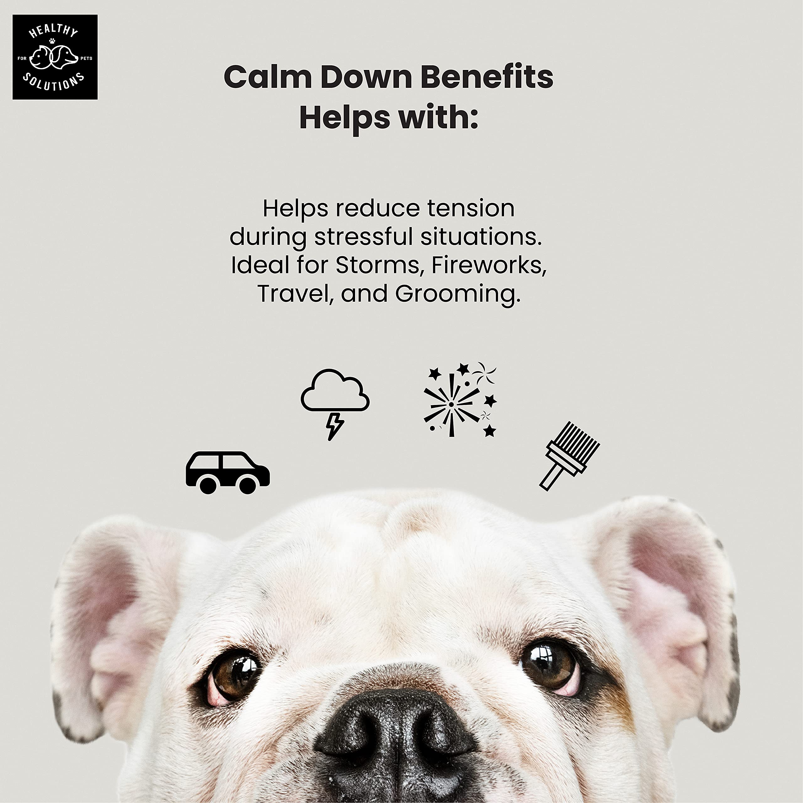 Healthy Solutions For Pets Calming Chews label emphasizes melatonin and ginger for gentle rest.