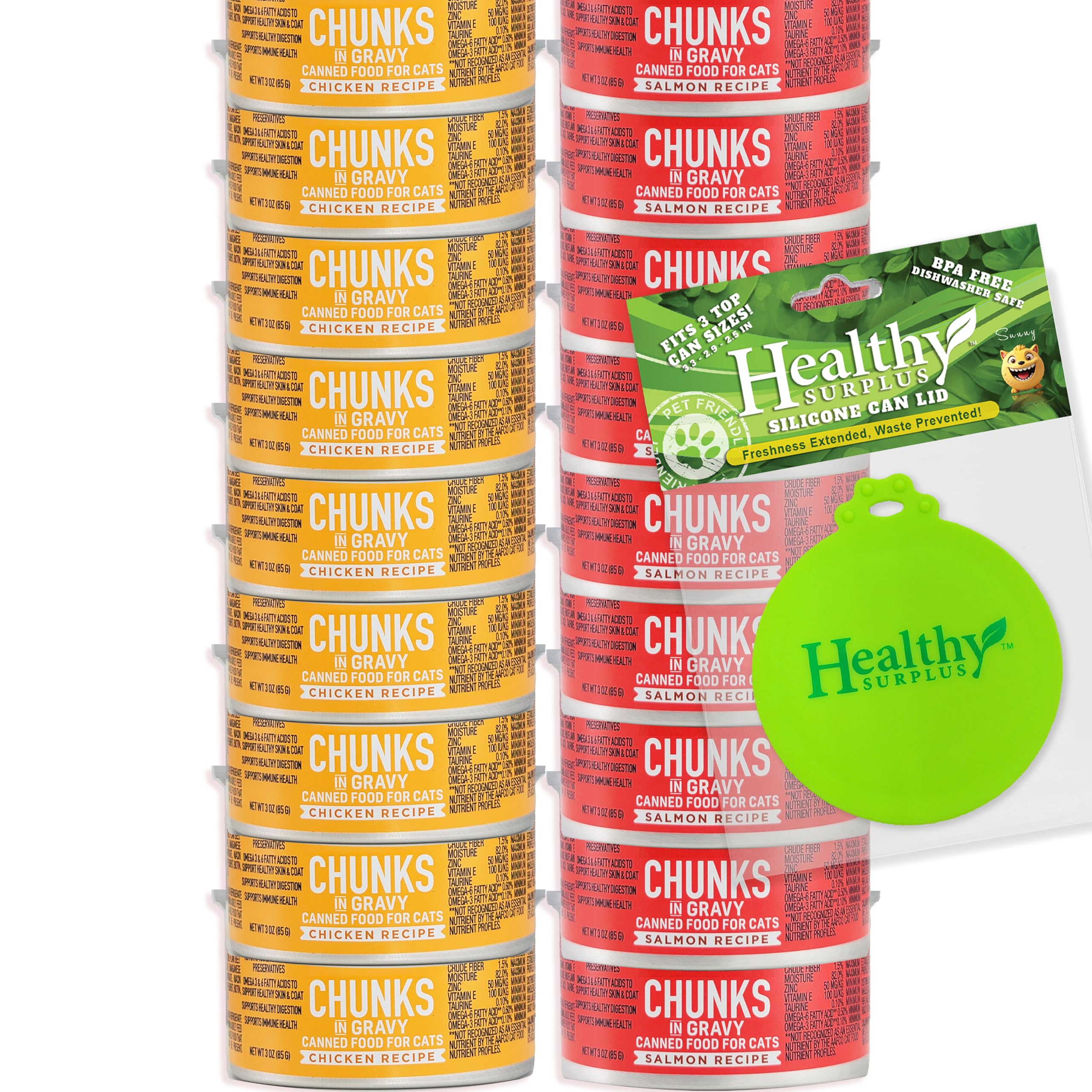 Healthy Surplus chunks in gravy variety can lid closeup with reseal-friendly silicon lid