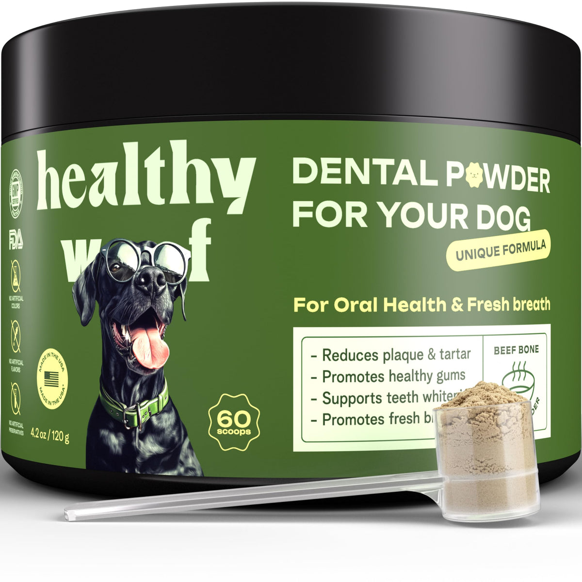 Healthy Woof dental powder bottle front—easy daily oral care for dogs.