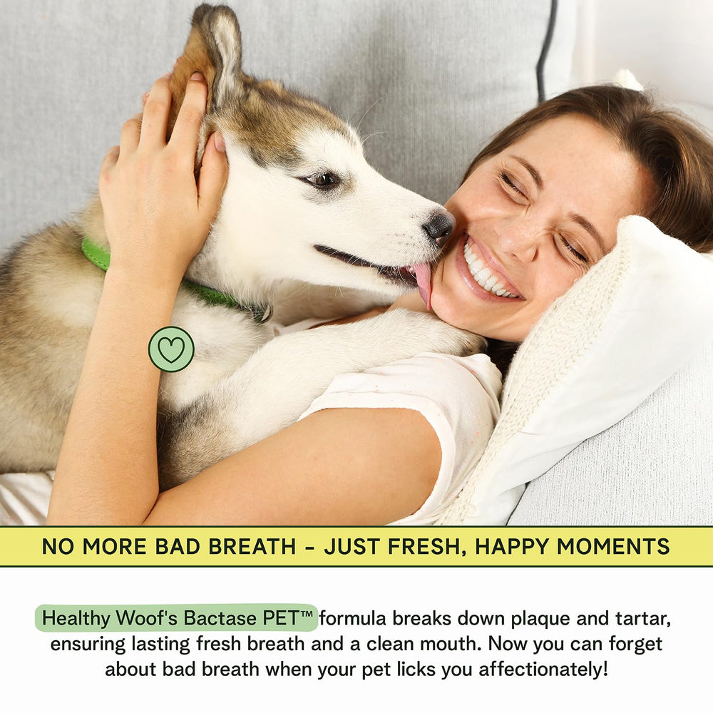 Healthy Woof dental powder with Bactase PET supports fresher breath.
