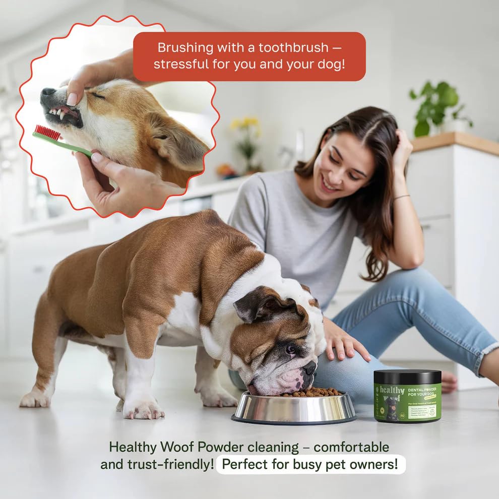 Healthy Woof dental powder scoop dispensing powder for tasty, brush-free dental care.