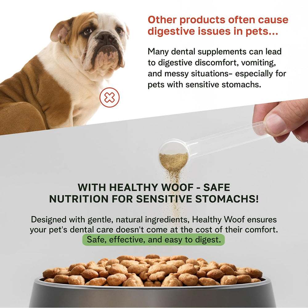 Healthy Woof dental powder sprinkled on food supports tartar control without brushing.