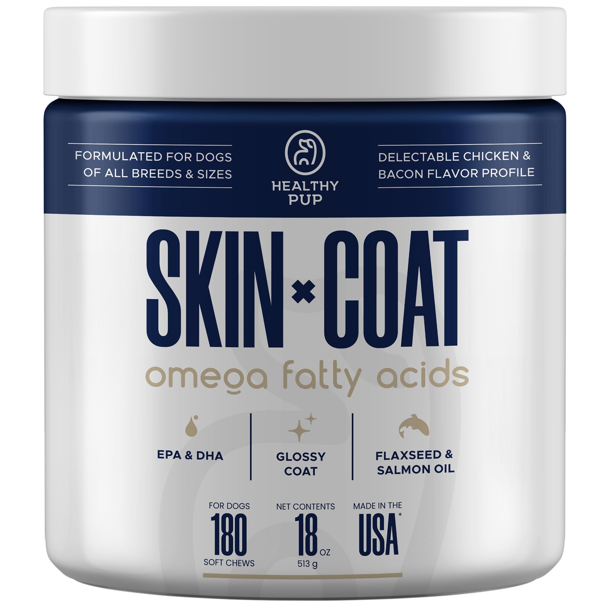 Healthy Pup dog fish oil supplements packaging highlighting 180 treats for ongoing coat care