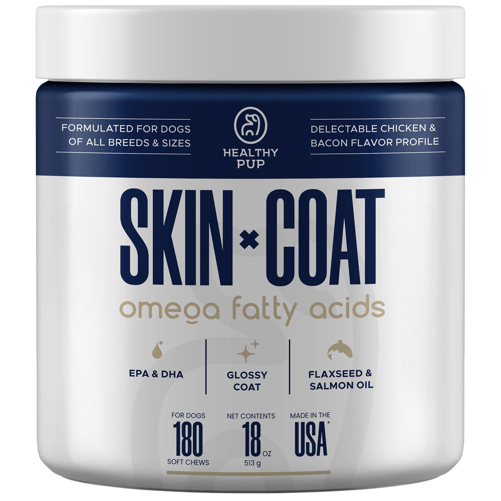 Healthy Pup dog fish oil supplements packaging highlighting 180 treats for ongoing coat care