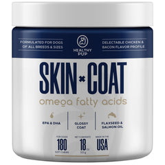 Healthy Pup dog fish oil supplements packaging highlighting 180 treats for ongoing coat care