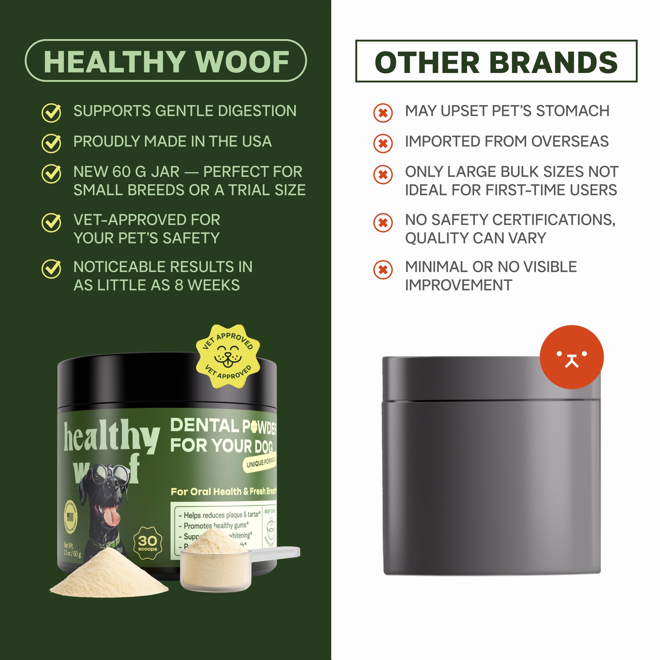 Healthy Woof bone broth serving highlights a tasty oral care option.