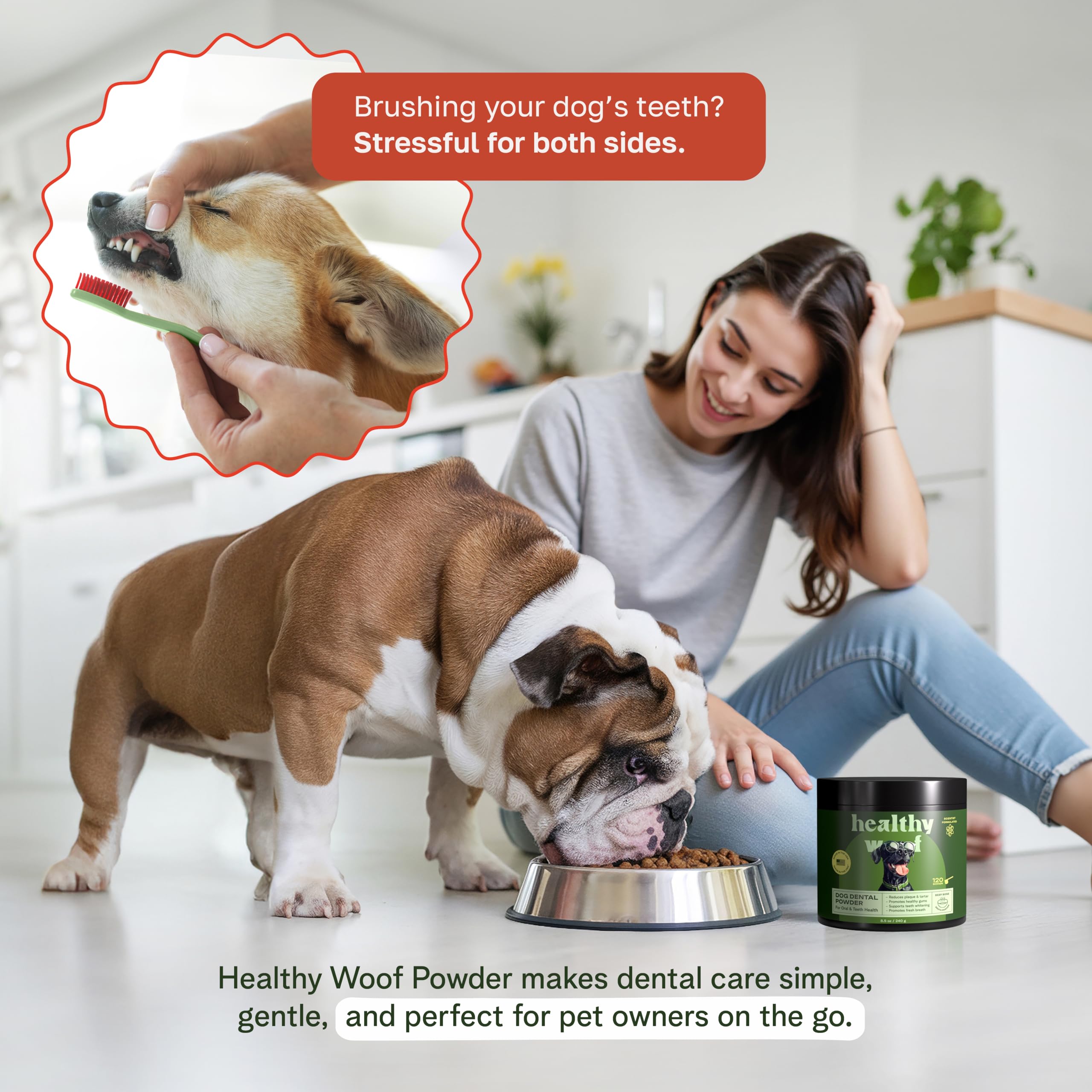 Healthy Woof dental powder over food demonstrates easy mix-in for meals.