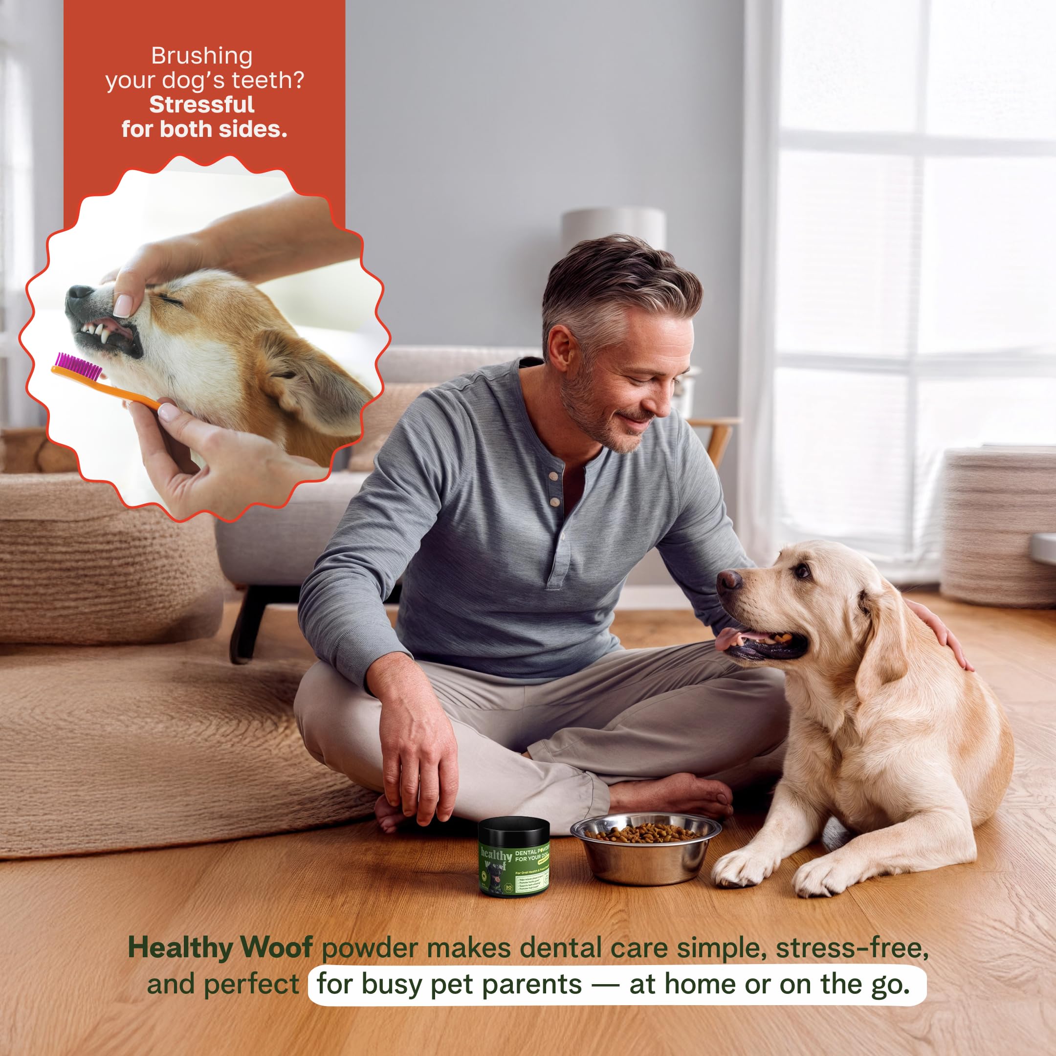 Healthy Woof dental powder closeup suggests tartar reduction and brighter teeth.