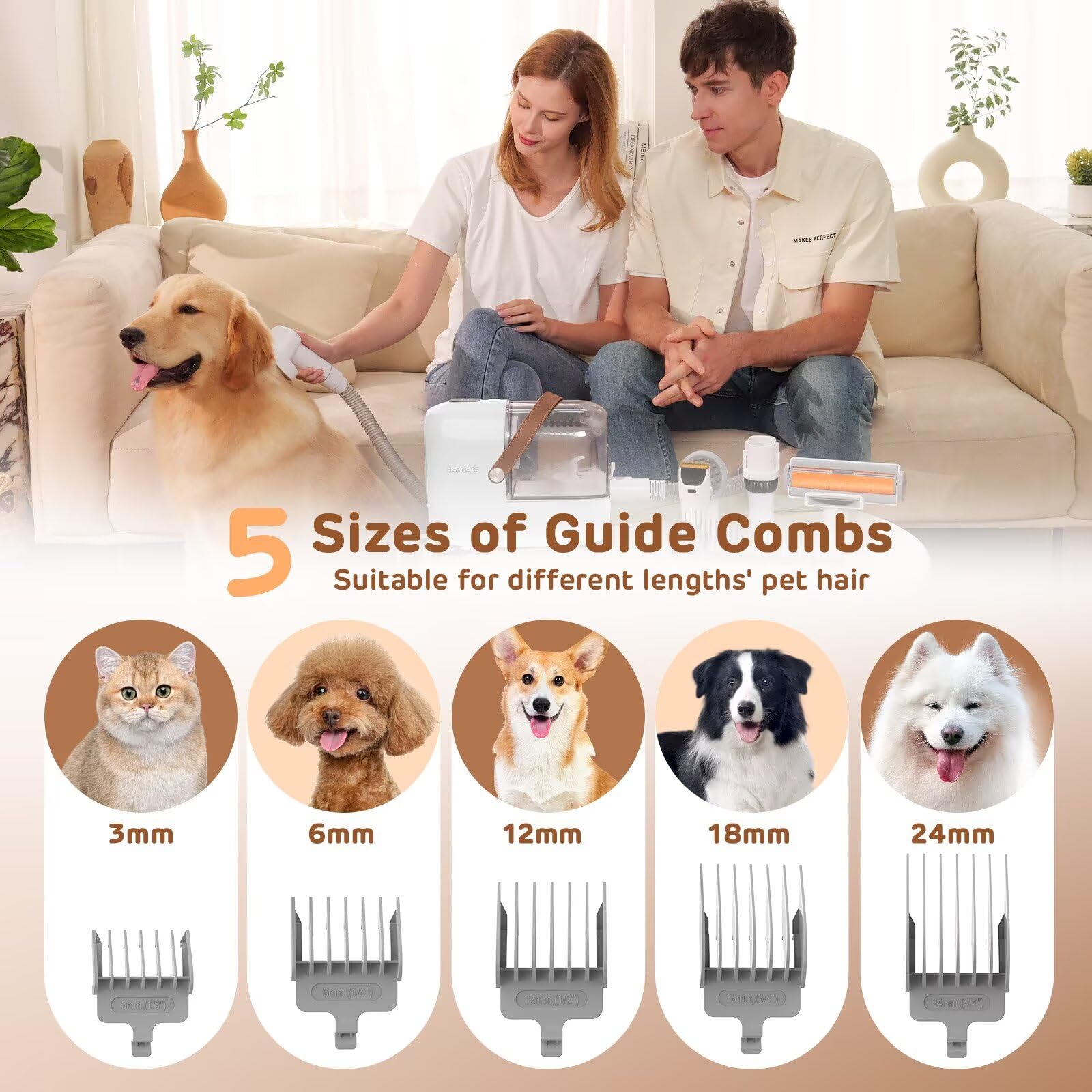 HEAPETS 7-tool dog grooming kit laid out for a full at-home salon