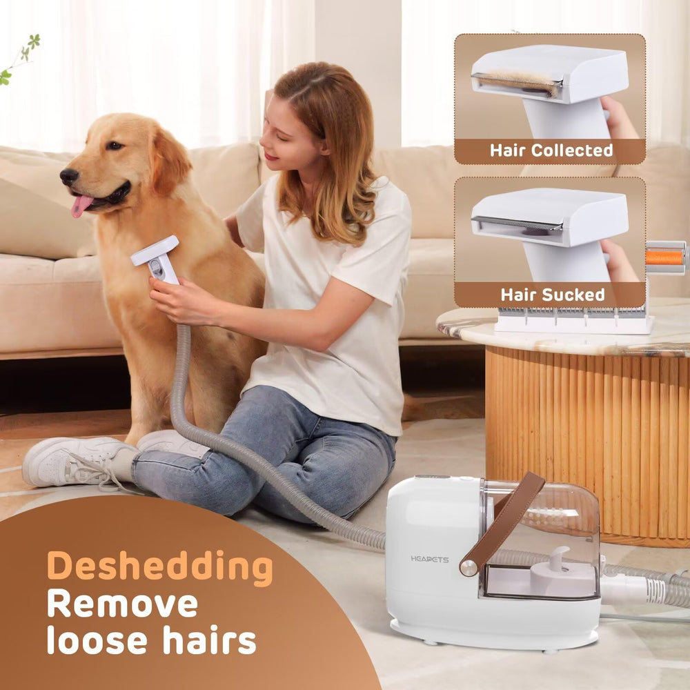 HEAPETS deshedding brush and cleaning brush show debris removal from furniture and floors