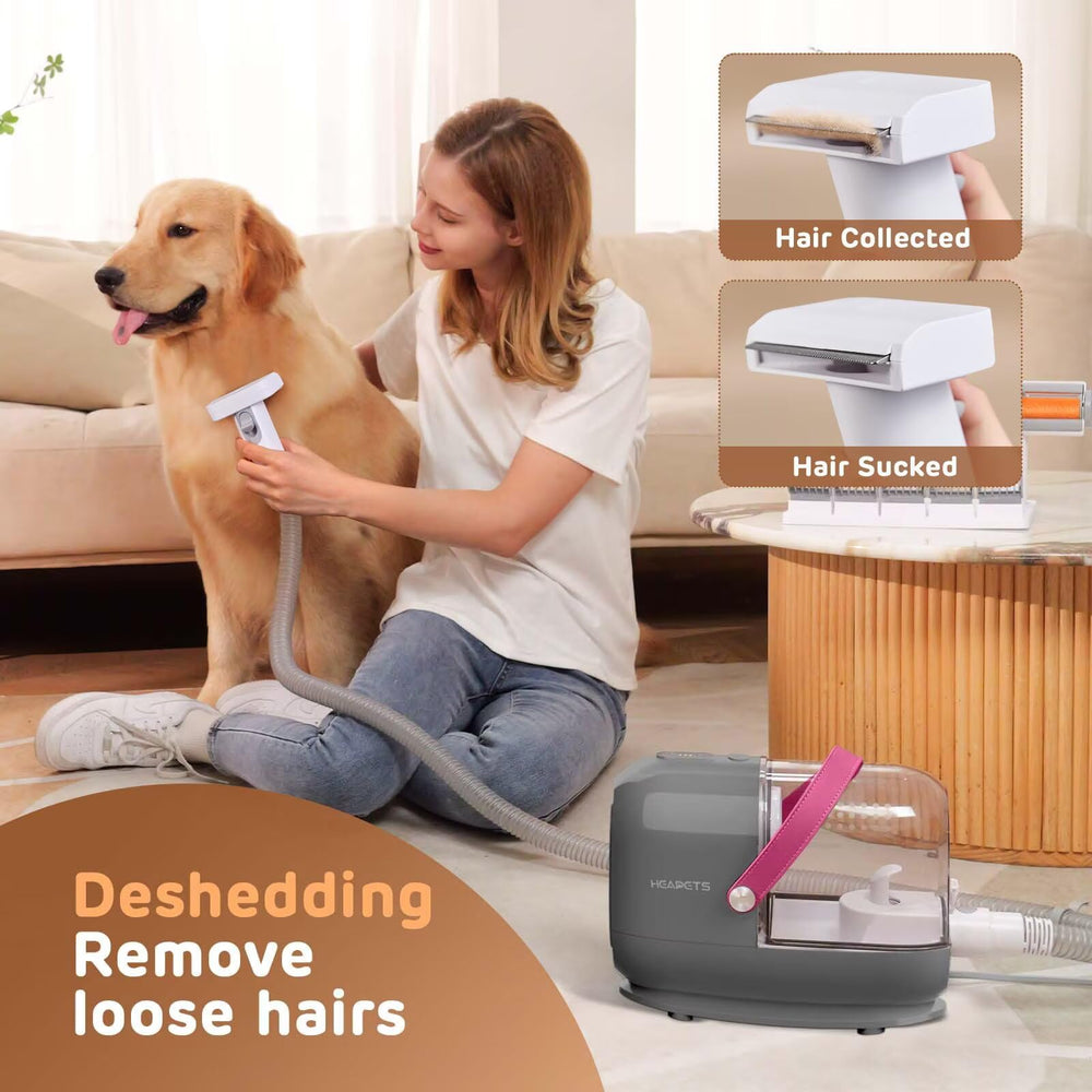 HEAPETS deshedding brush and vacuum combo captures loose fur efficiently.