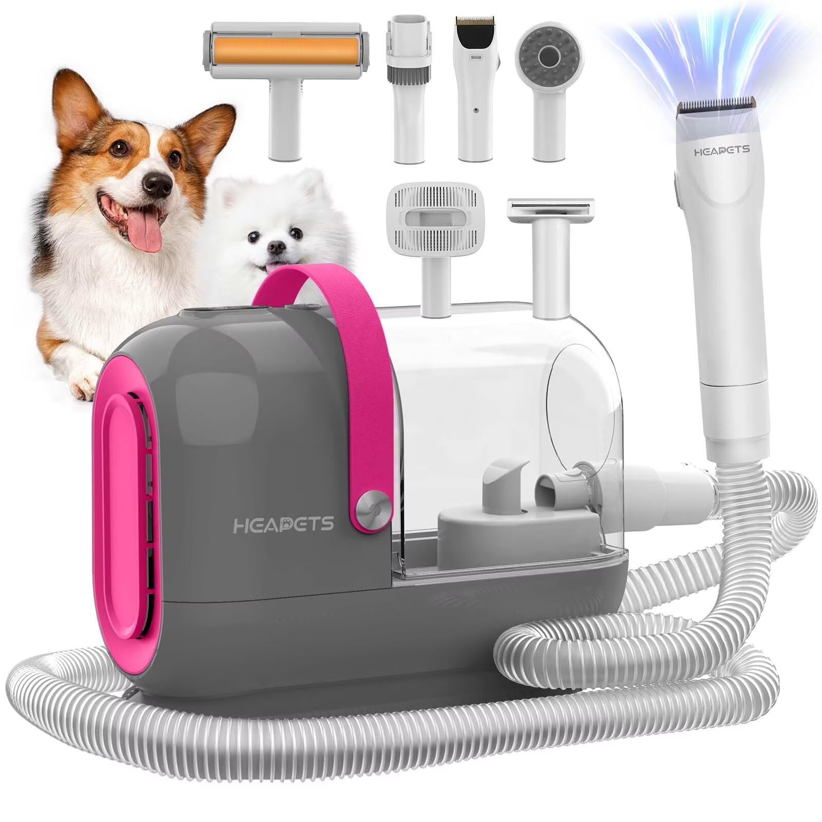 HEAPETS dog grooming vacuum kit assembly shows components for at-home grooming session.