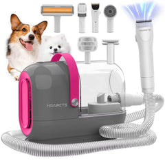 HEAPETS dog grooming vacuum kit assembly shows components for at-home grooming session.