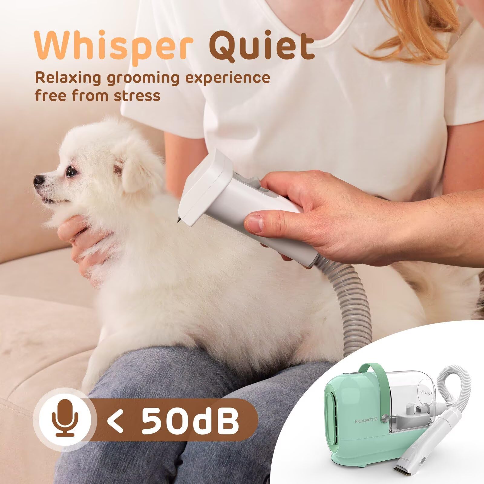 HEAPETS low-noise-suction-levels reduce stress during grooming for calmer pets.