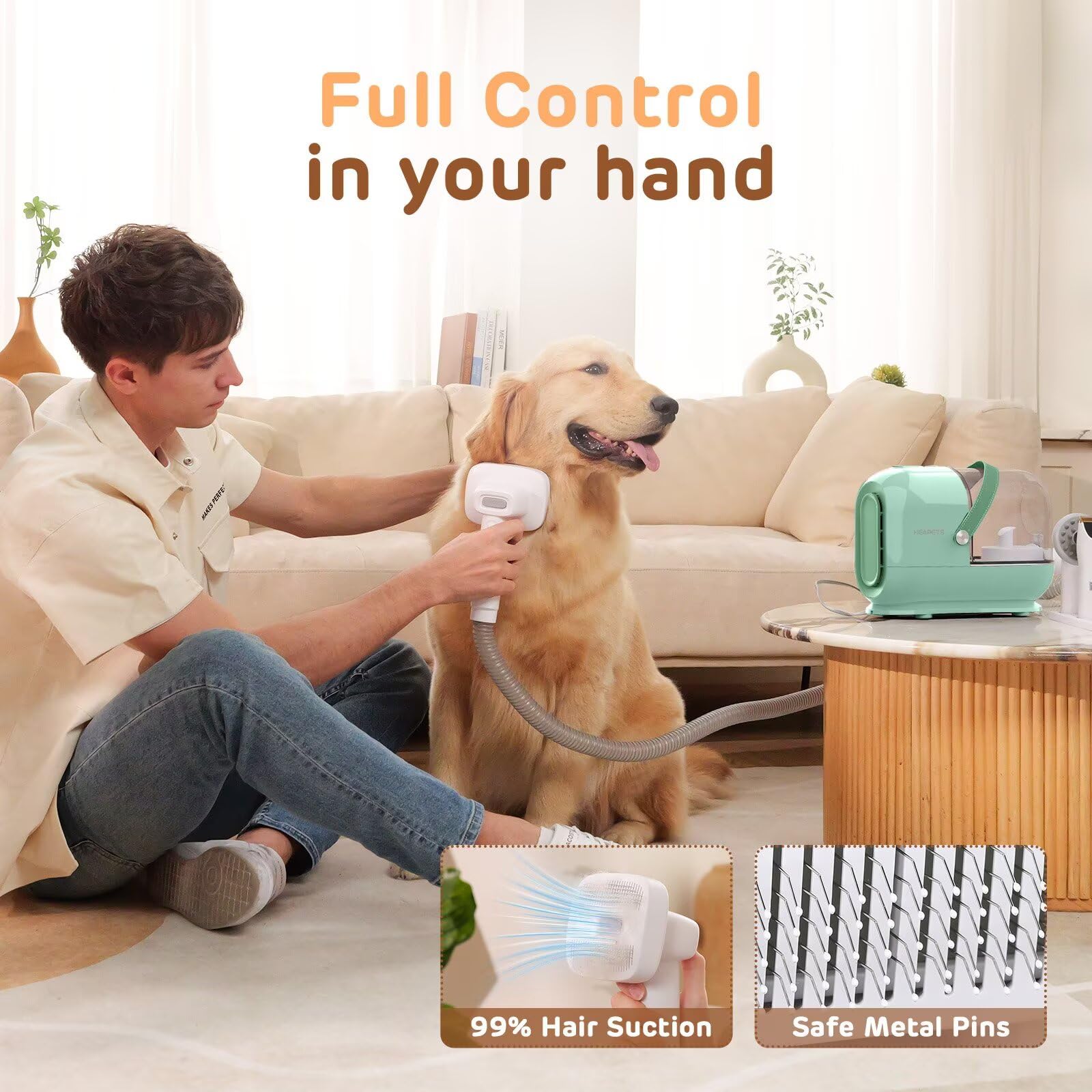 HEAPETS massage-comb comforts pets during deshedding sessions.