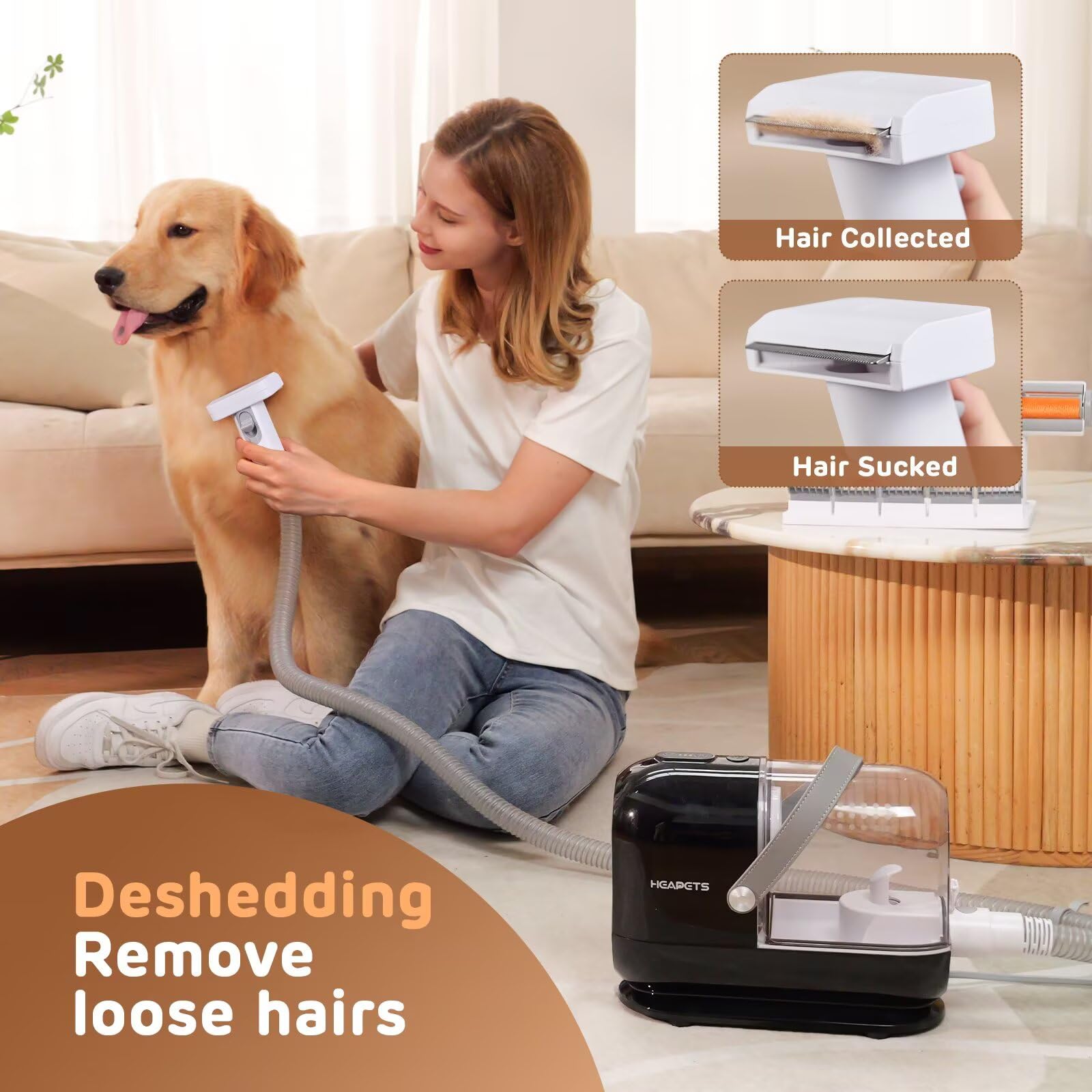 HEAPETS massage and deshedding brushes easing a comfortable grooming session.