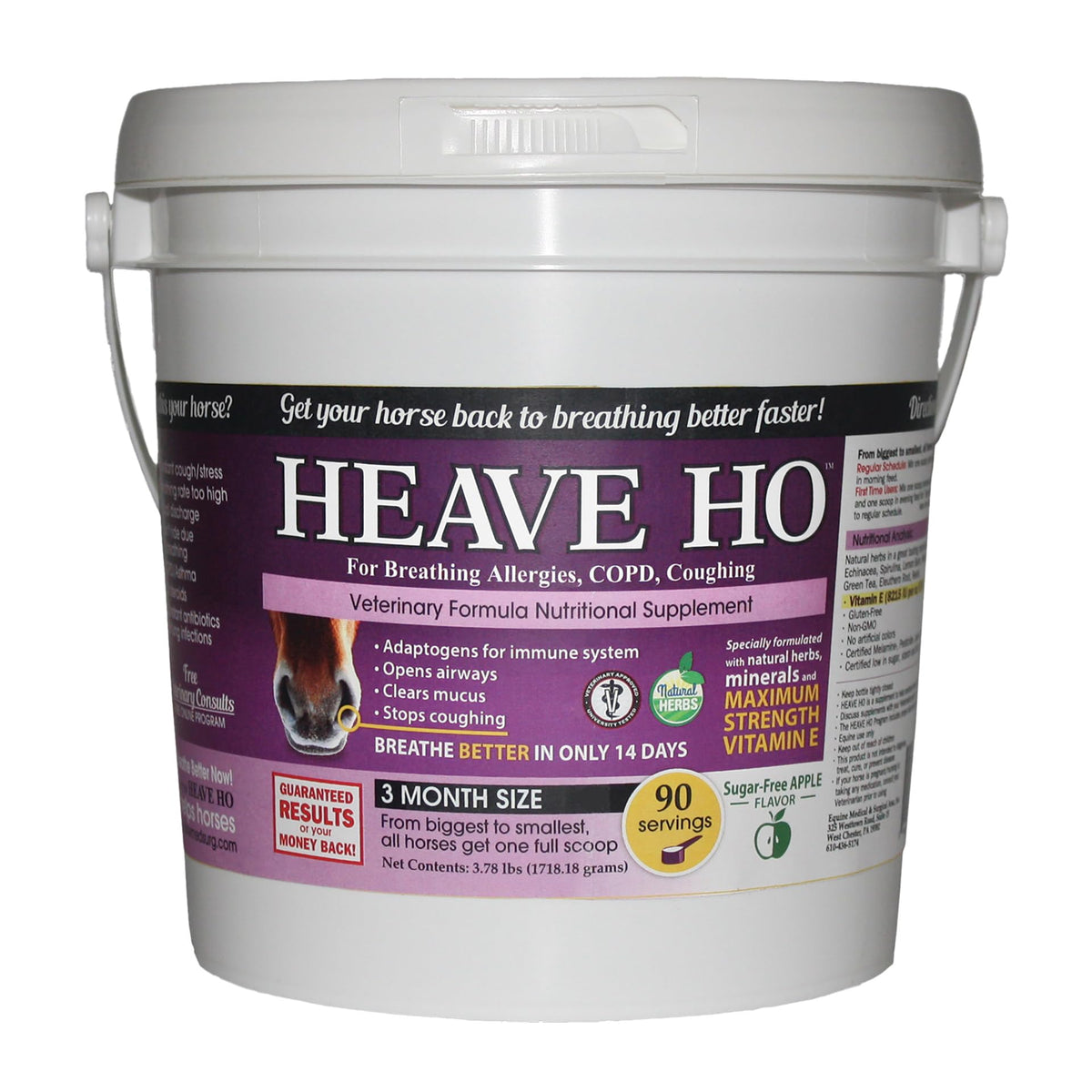 Heave Ho Apple bottle front view for equine respiratory support and immune fortification.