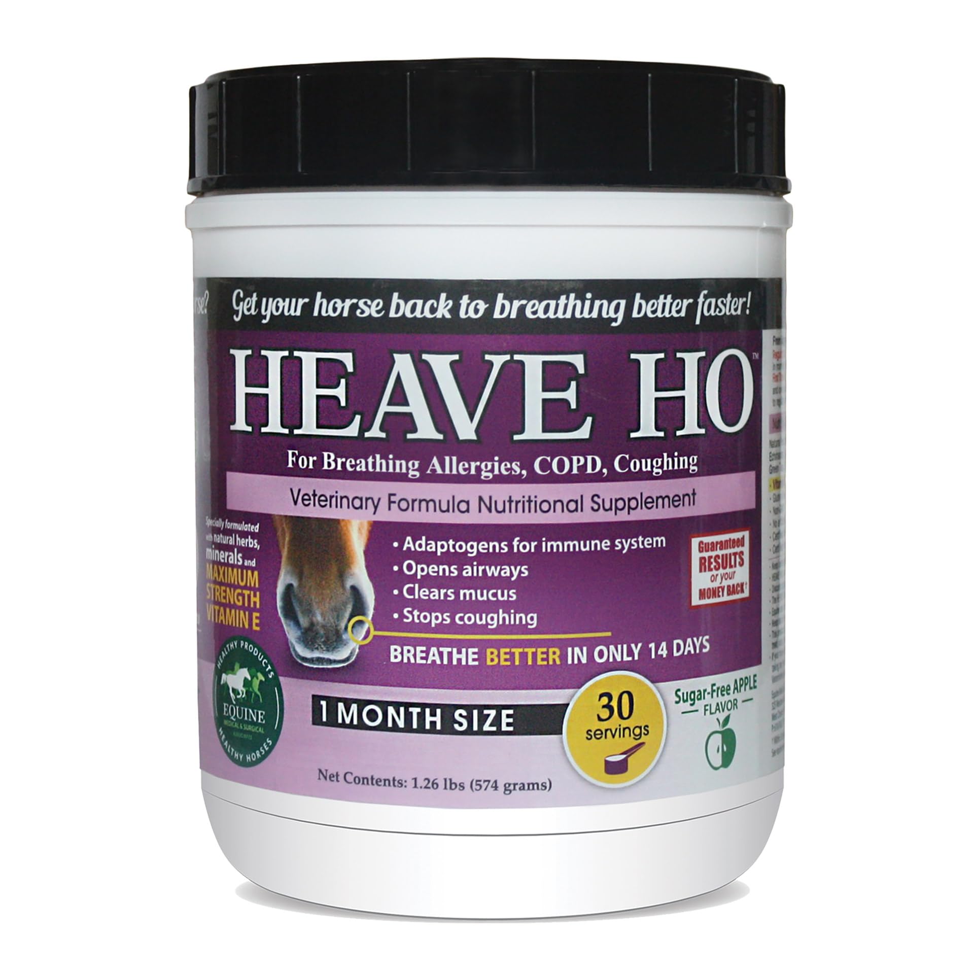 Heave Ho horse nutritional supplement bottle supports breathing comfort and mucus clearance.