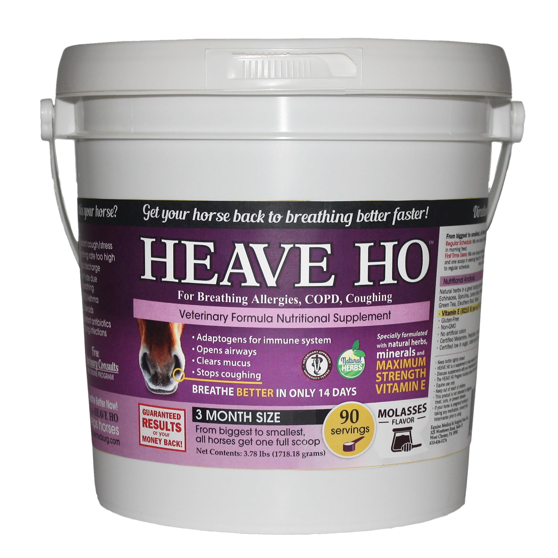 Heave Ho Molasses bottle—helps support easier breathing in horses during workouts.