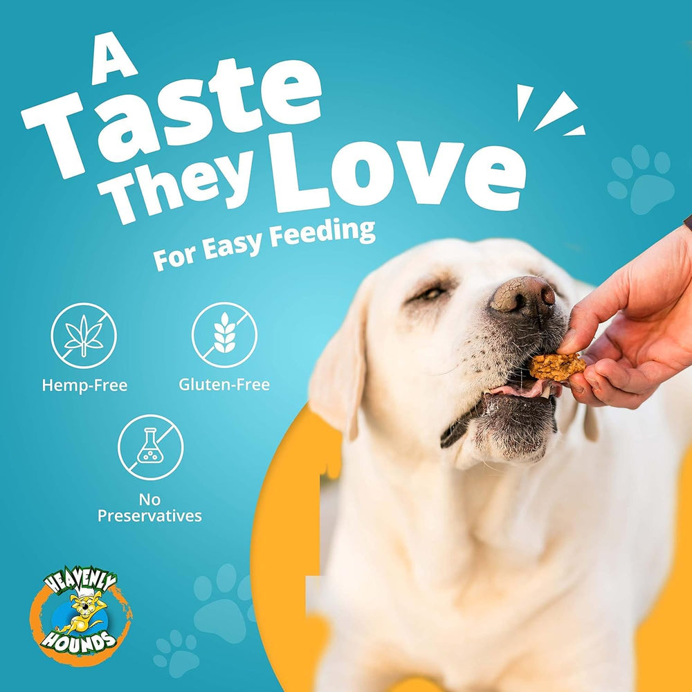 Owner hand offering Heavenly Hounds chew as a simple calming snack.