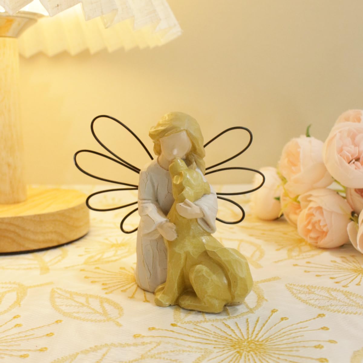 HEBYJO Angel Kissing Dog Statue side view for compact memorial décor