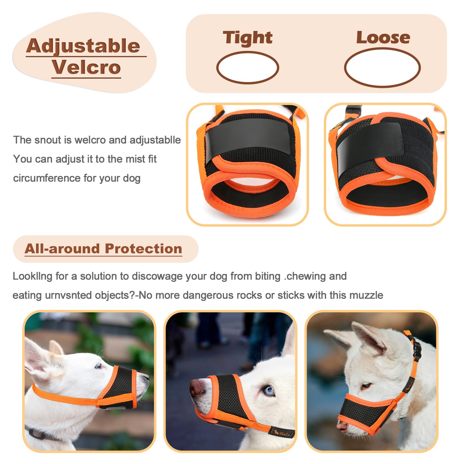 Bozal HEELE de diseño práctico con velcro para colocar fácilmente.