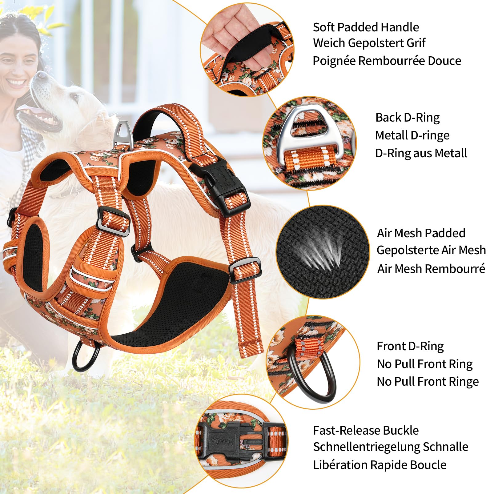 HEELE dog harness chest-strap close-up demonstrates no-pull design for smoother walks
