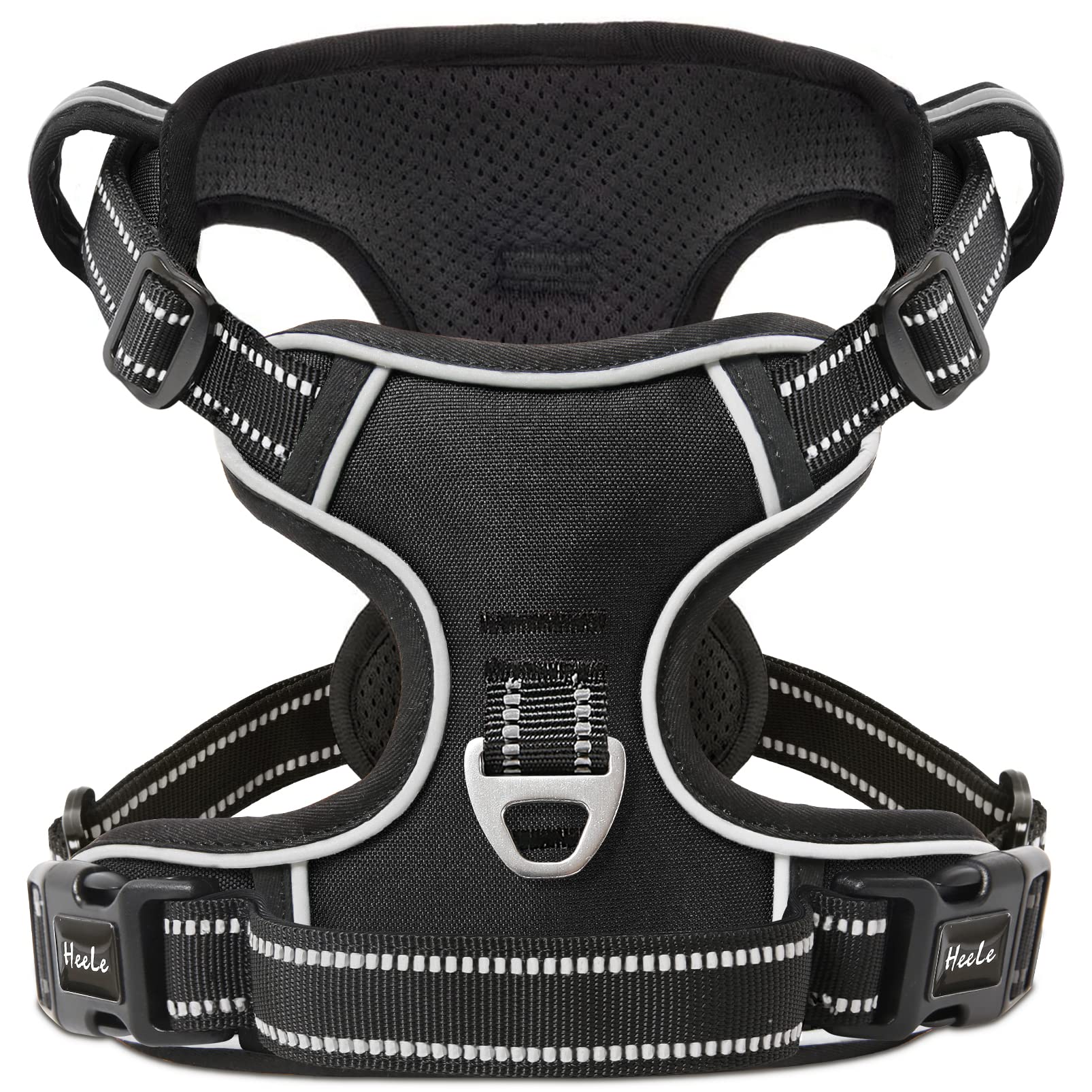 HEELE dog harness back view highlights dual leash rings for versatility.