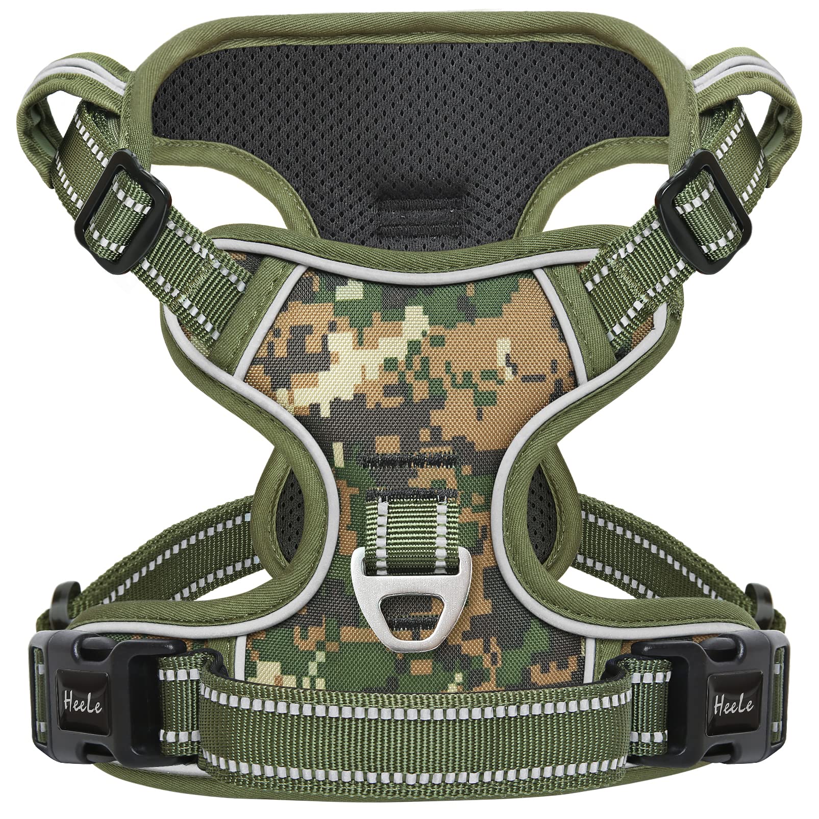 HEELE dog harness camo green close-up showing adjustable chest belt for a snug fit.
