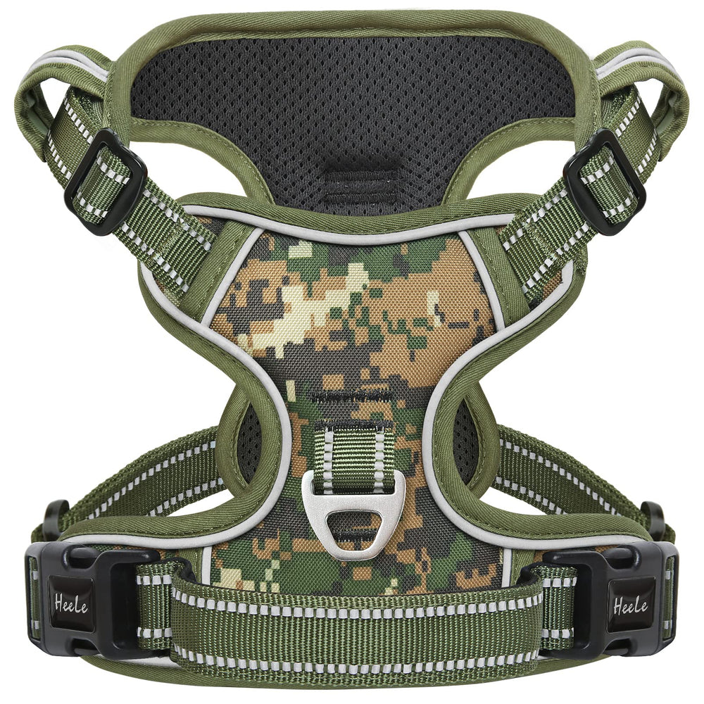HEELE dog harness camo green close-up showing adjustable chest belt for a snug fit.