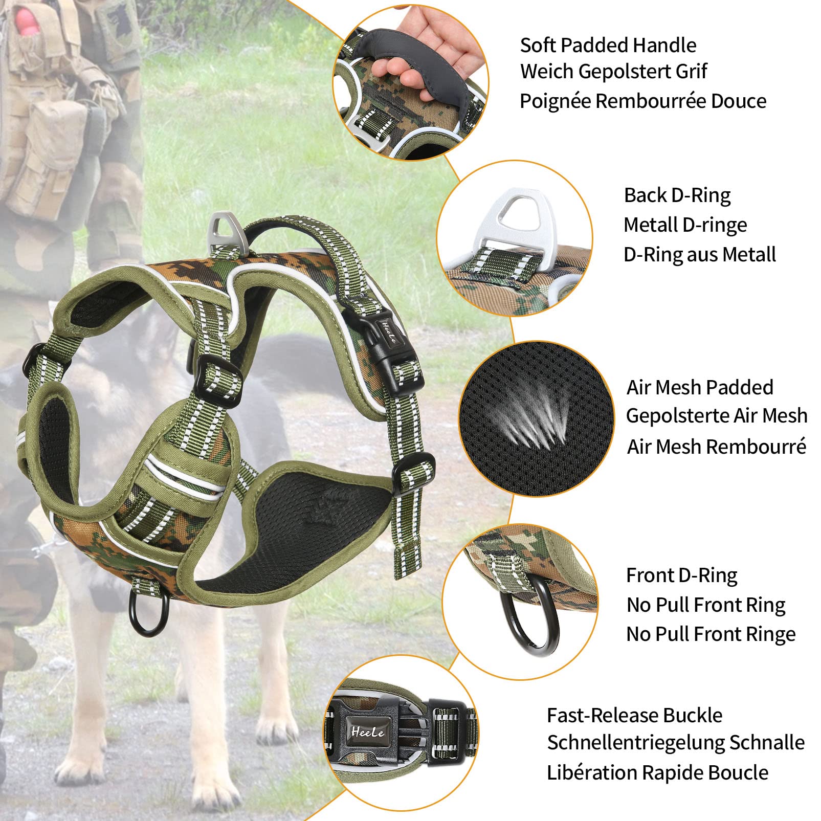 HEELE dog harness strap adjustment detail highlighting four-point fit for growth and comfort.