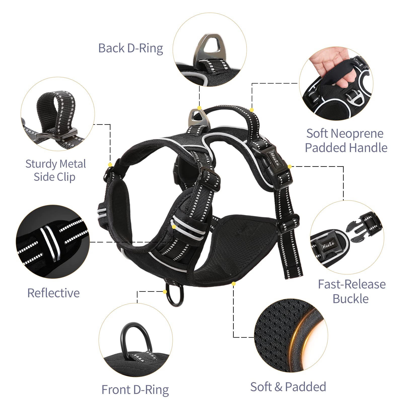 HEELE dog harness detail showcases padded straps and breathable mesh comfort.
