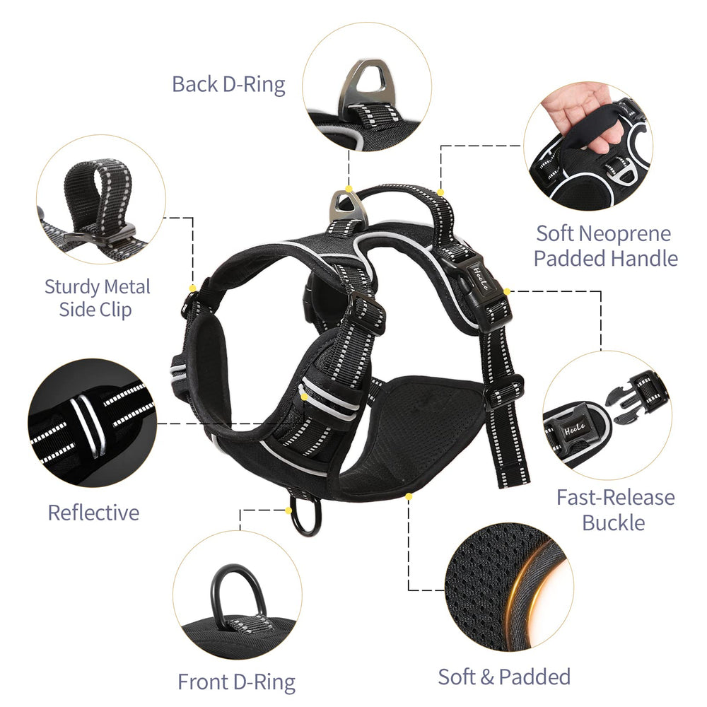 HEELE dog harness detail showcases padded straps and breathable mesh comfort.