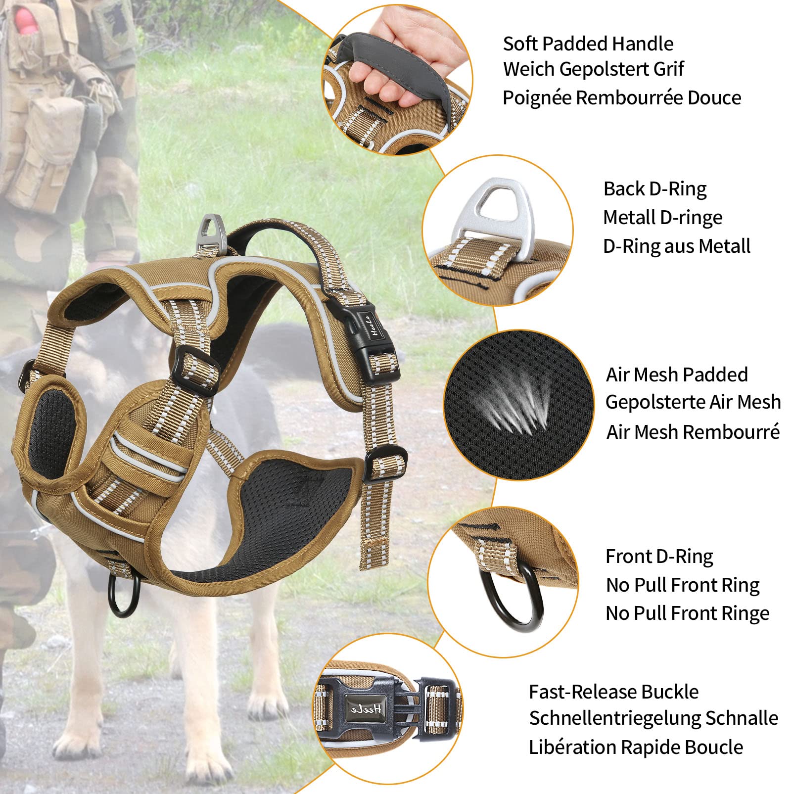 HEELE dog harness front chest ring enabling anti-pull training during walks