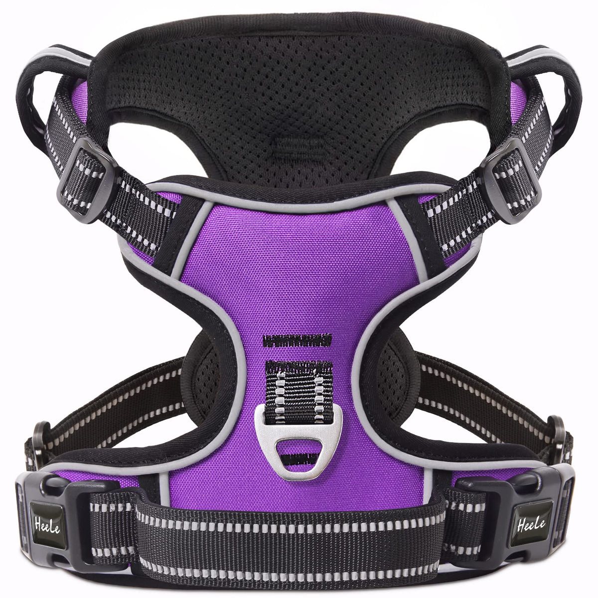 HEELE dog harness front view showing no-pull design for calmer walks.