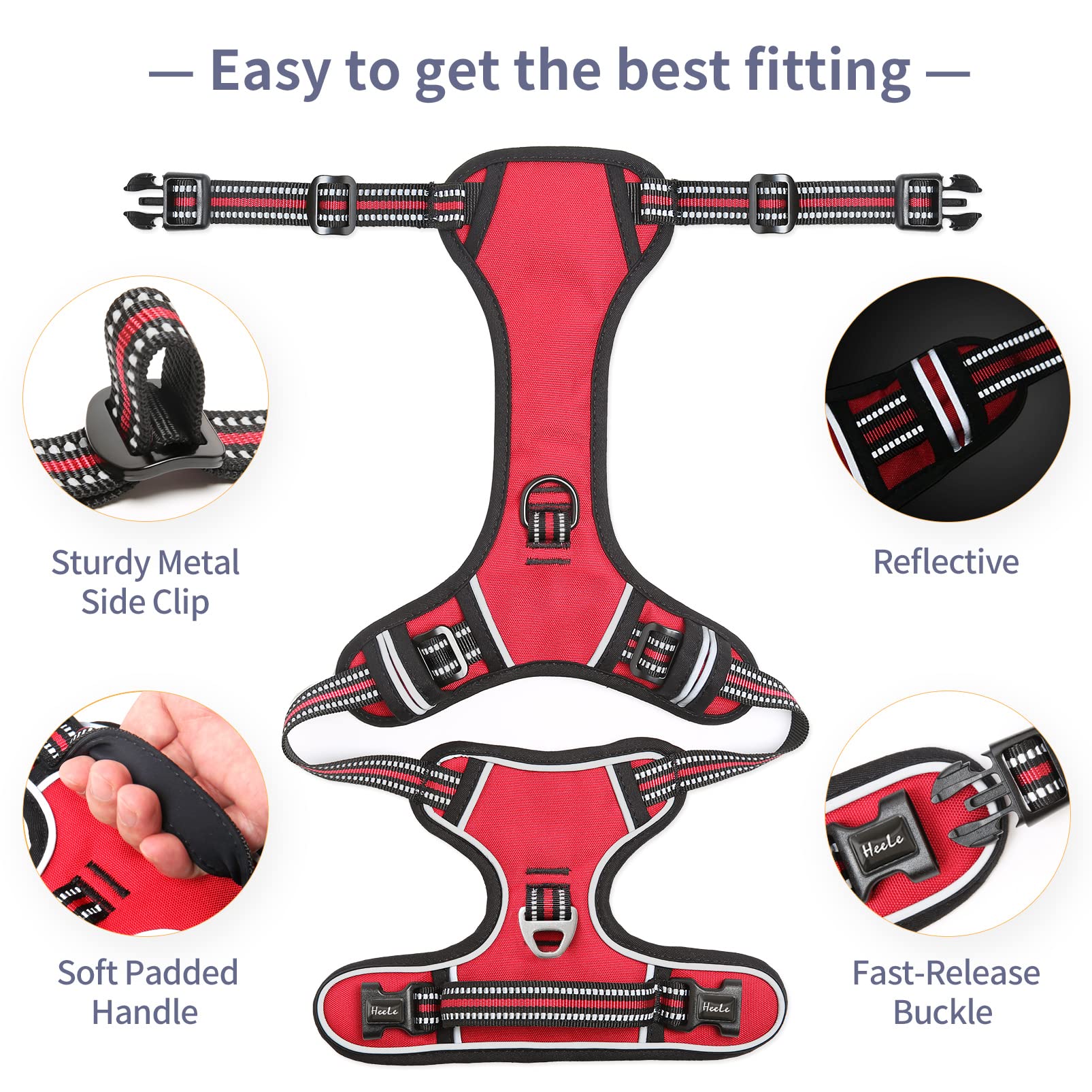 HEELE Dog Harness reflective strips boost visibility at night.