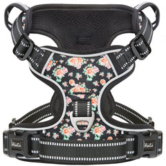 HEELE Flower-Black dog harness on dog for a secure, comfortable daily walk.