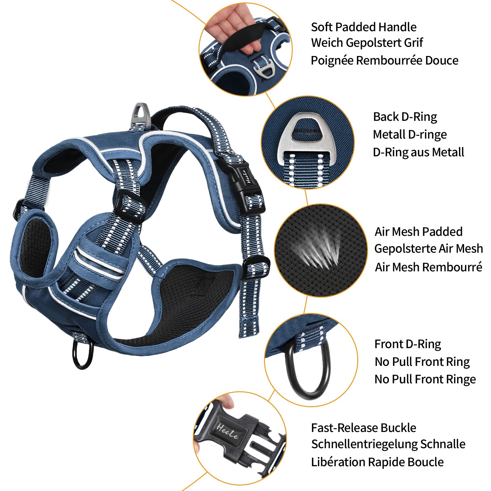 HEELE no-pull chest-back rings harness for comfortable, controlled outdoor training.