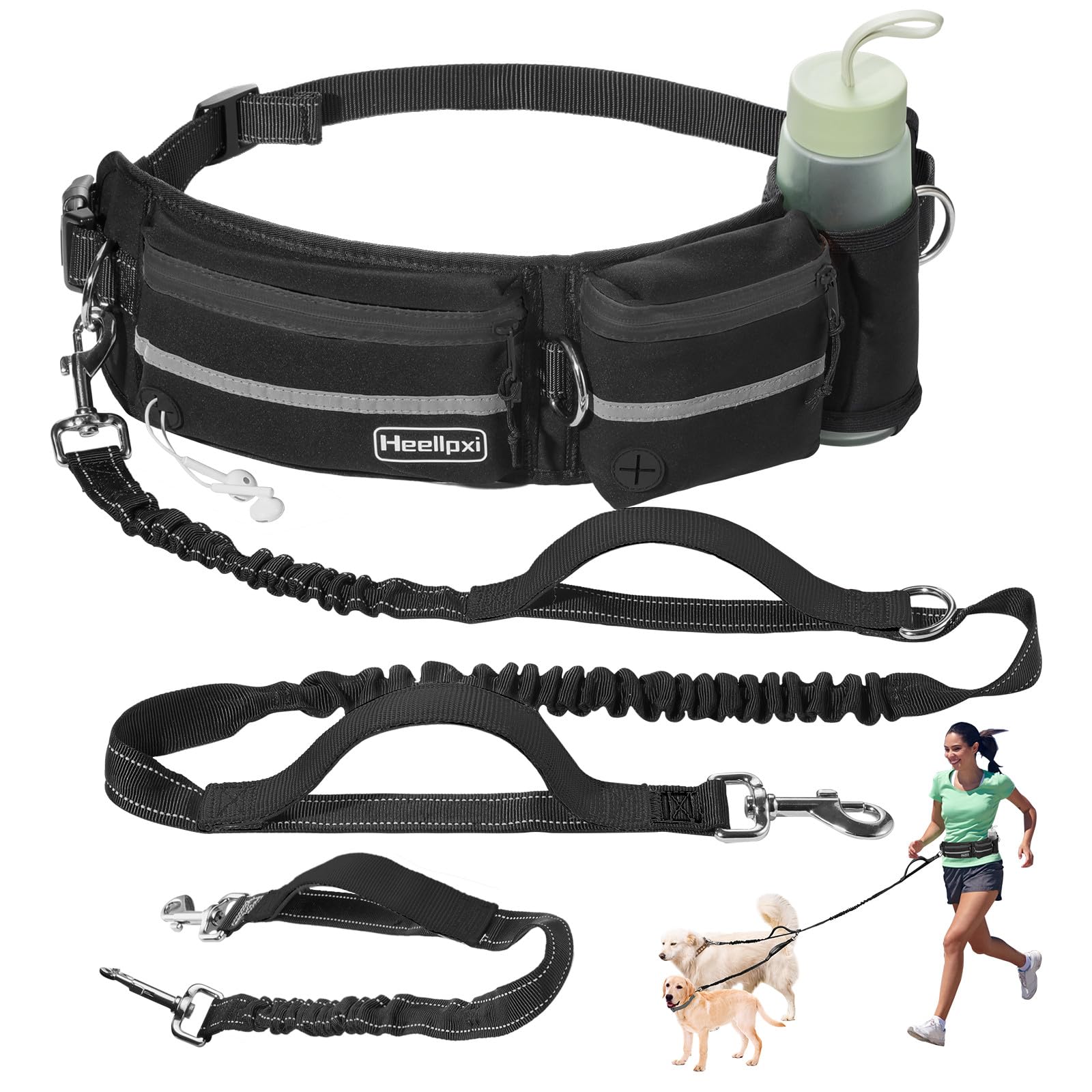 Heellpxi hands-free leash with waist-pack for hands-free two-dog walks.